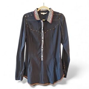 ODD MOLLY Anthropologie Boho Sheer Embroidered Pocket Button Down M